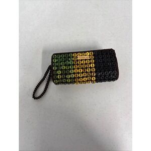 Jamaica Coconut Shell Beaded Wristlet Clutch Green Yellow Black‎ Rasta Souvenir